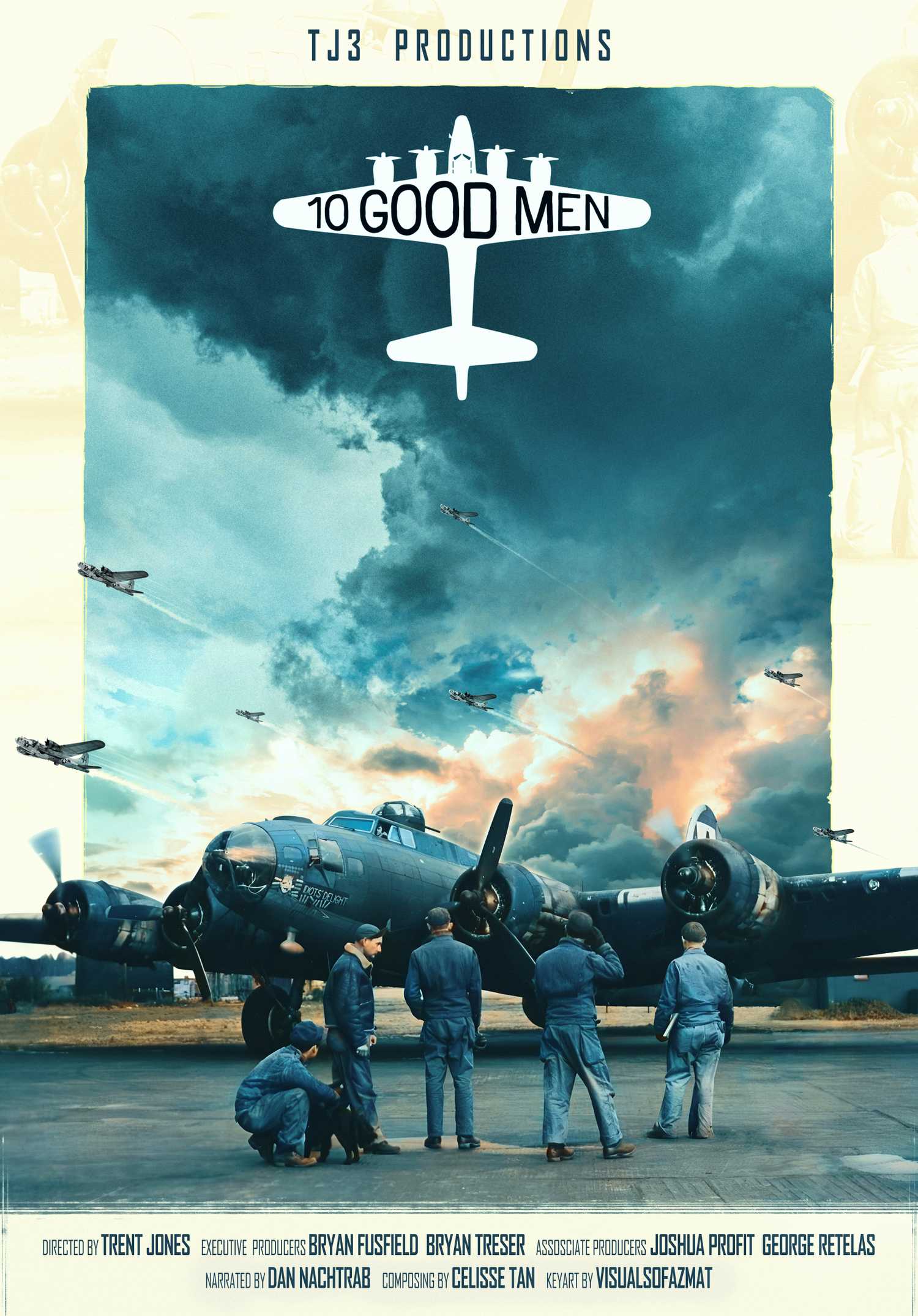 Poster artwork for 10 Good Men showing a B-17 Flying Fortress and airmen beneath a sky filled with aircraft.