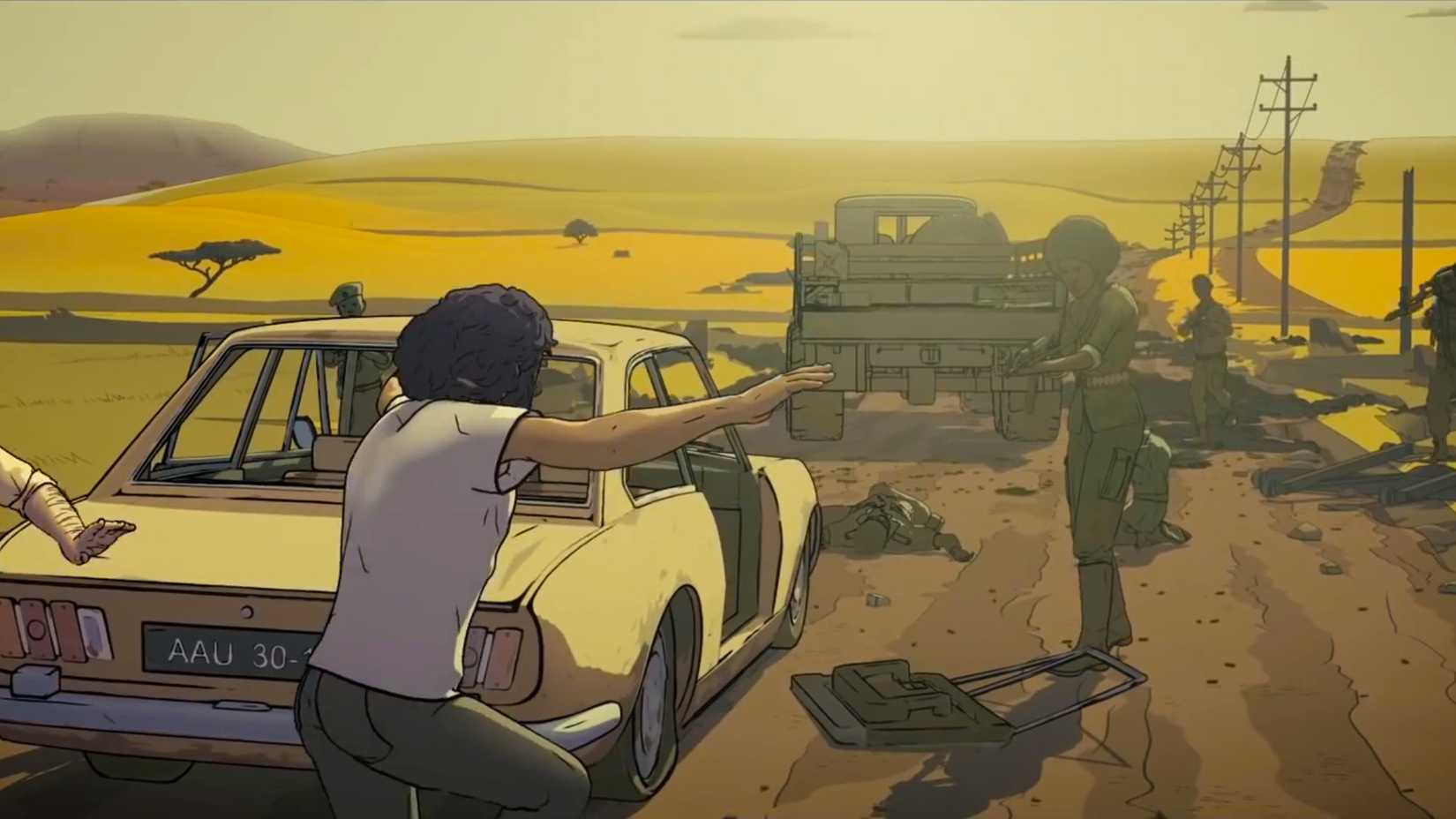 Animated civilian takes cover behind a car while armed soldiers patrol a damaged road in the 2018 war documentary Another Day of Life.