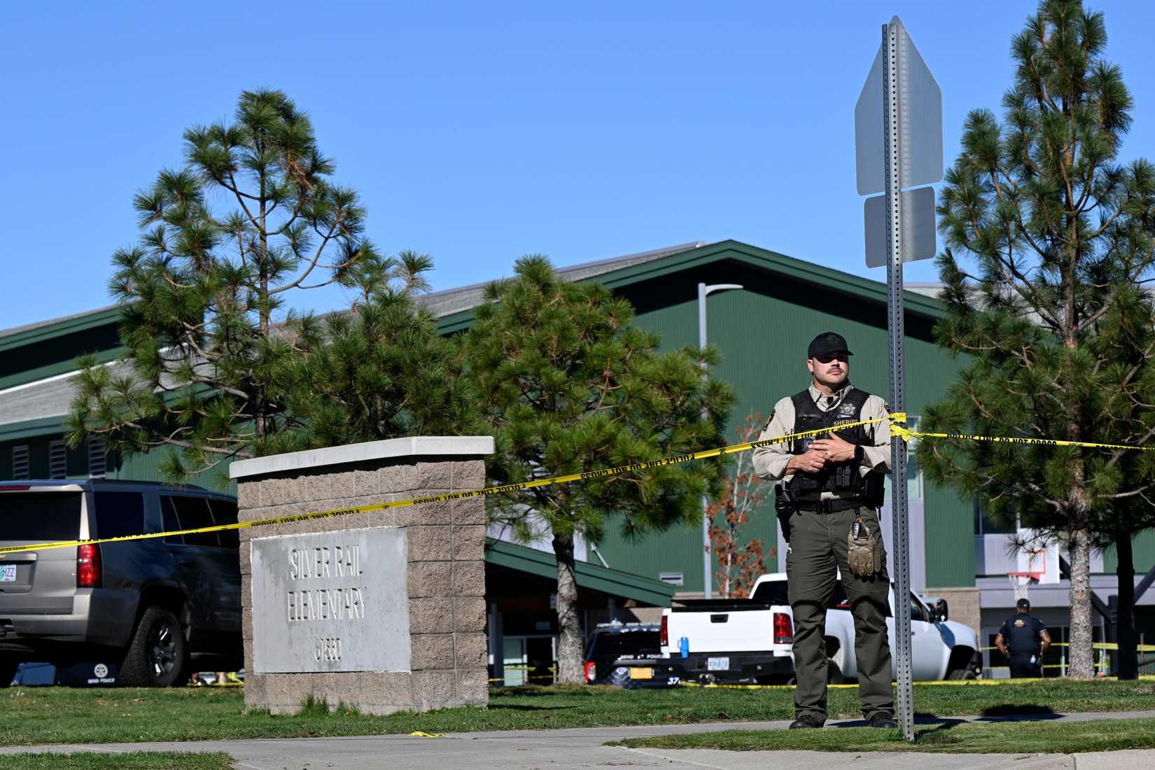 Police tape is placed outside Silver Rail Elementary School
