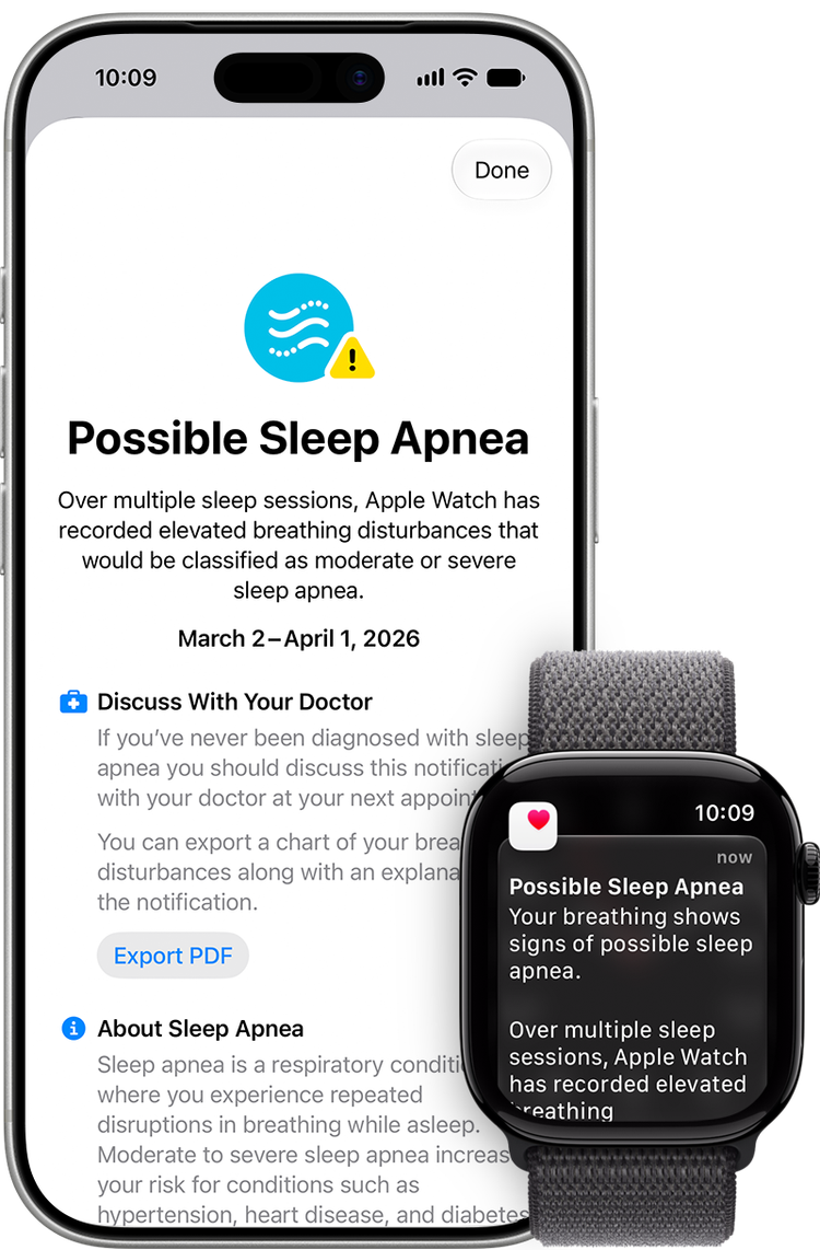 Image of Apple Watch sleep apnea notification which alerts users to a possible diagnosis. (Apple Inc.). 