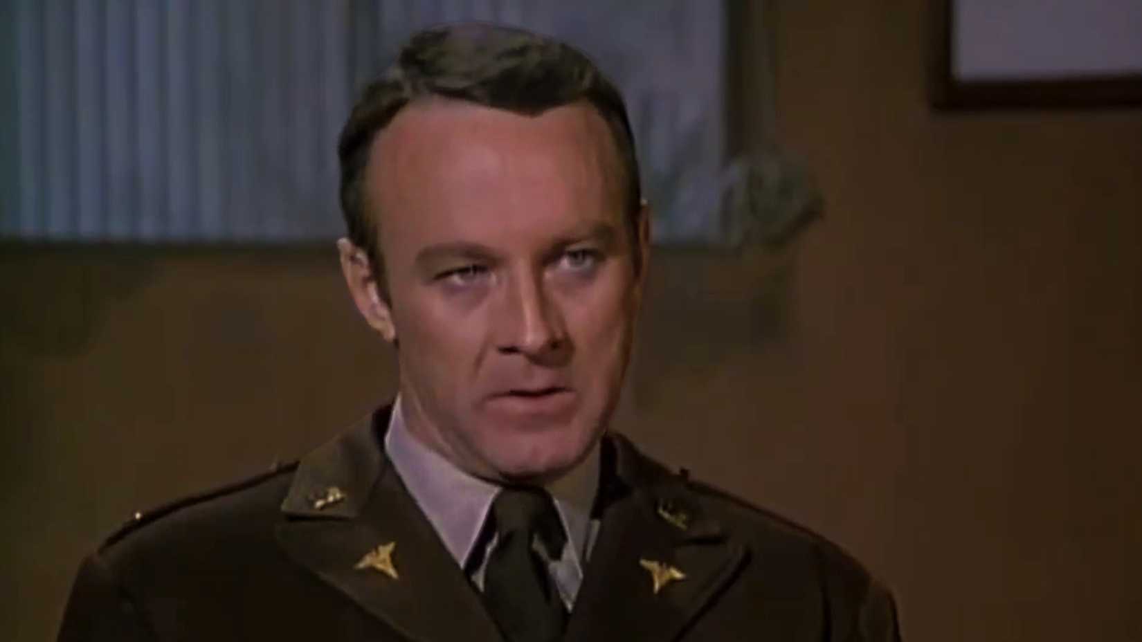 Larry Linville portraying Army Maj. Frank Burns in uniform on the television series MASH.