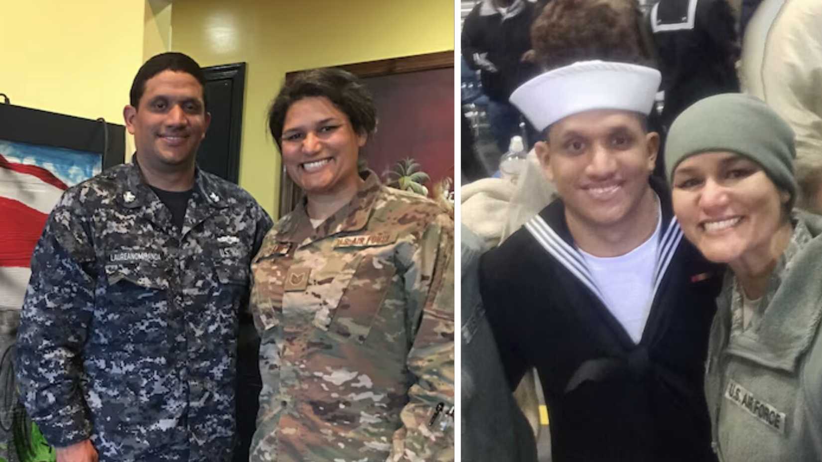 Navy Petty Officer Norman Laureano Miranda poses with his sister, Air Force Master Sgt. Namir Laureano, in military uniforms.