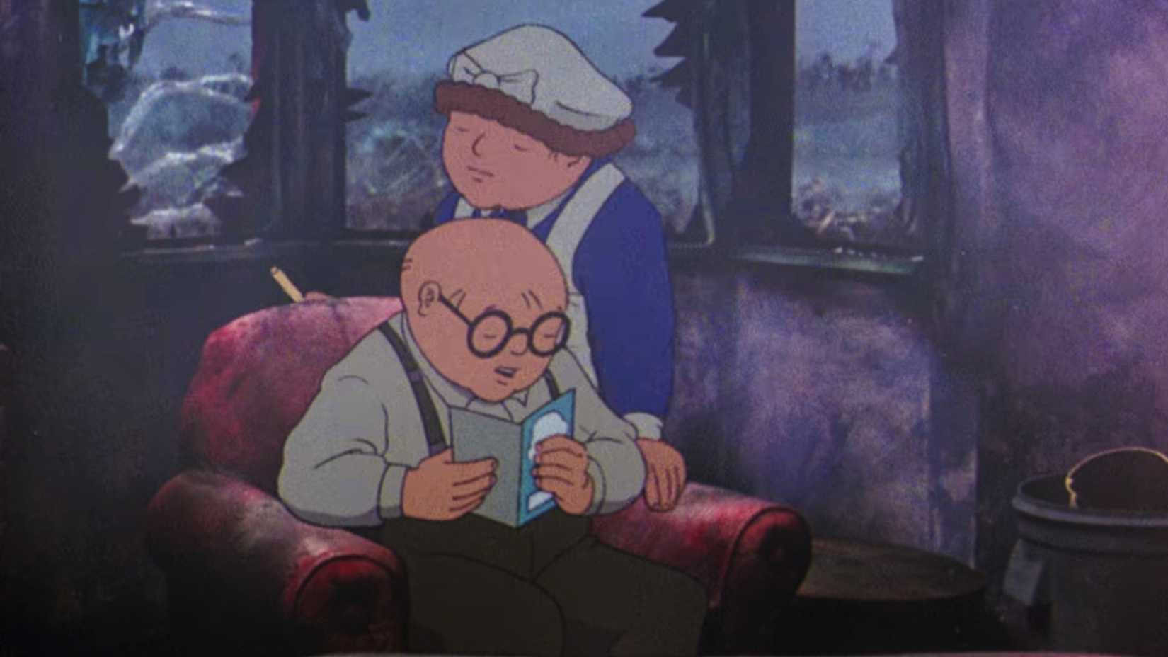 Animated elderly British couple Jim and Hilda Bloggs inside their home, with Jim reading a booklet while Hilda stands behind him in When the Wind Blows.